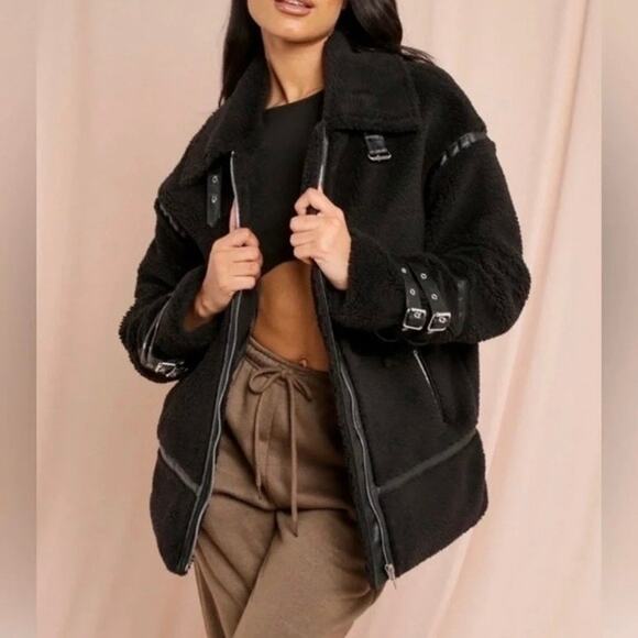 Copperose /Nasty Gal/ S-M Teddy Faux-Sherpa Aviator Jacket W Contrast Piping - Picture 3 of 16